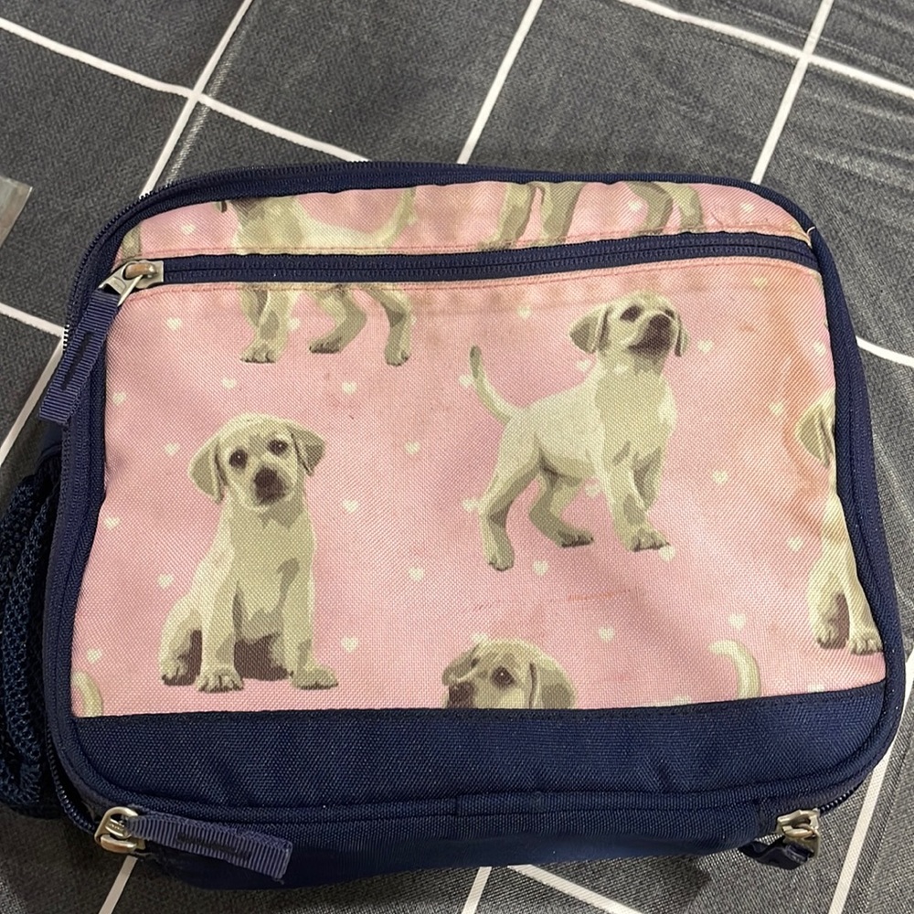 Pottery Barn Kids Mackenzie lunch box pink navy puppy